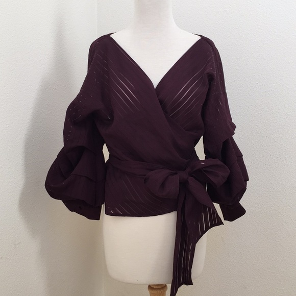 Chelsea28 Burgundy Balloon Sleeves Wrap Shirt - Picture 2 of 8